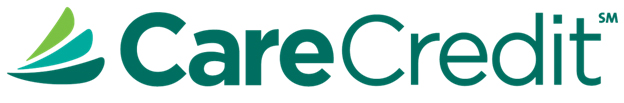 The image features the CareCredit logo. The logo consists of the word "CareCredit" in green text, with a stylized design of three green and blue overlapping leaves on the left side. The "SM" mark appears in small font above and to the right of the word "Credit.