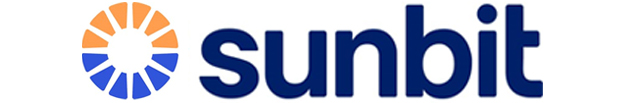 The image shows the logo for Sunbit. On the left is a circular design with orange and blue segments, resembling a sun. To the right, the word "sunbit" is written in bold, lowercase blue letters.